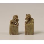 China, two soapstone seals with buddhist lion finials, late 19th century,