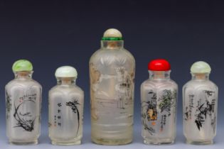 China, five reverse glass painted snuff bottles and stoppers, 20th century,