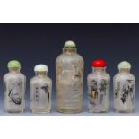 China, five reverse glass painted snuff bottles and stoppers, 20th century,