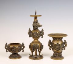 China, a three-piece bronze altar set, 19th century,