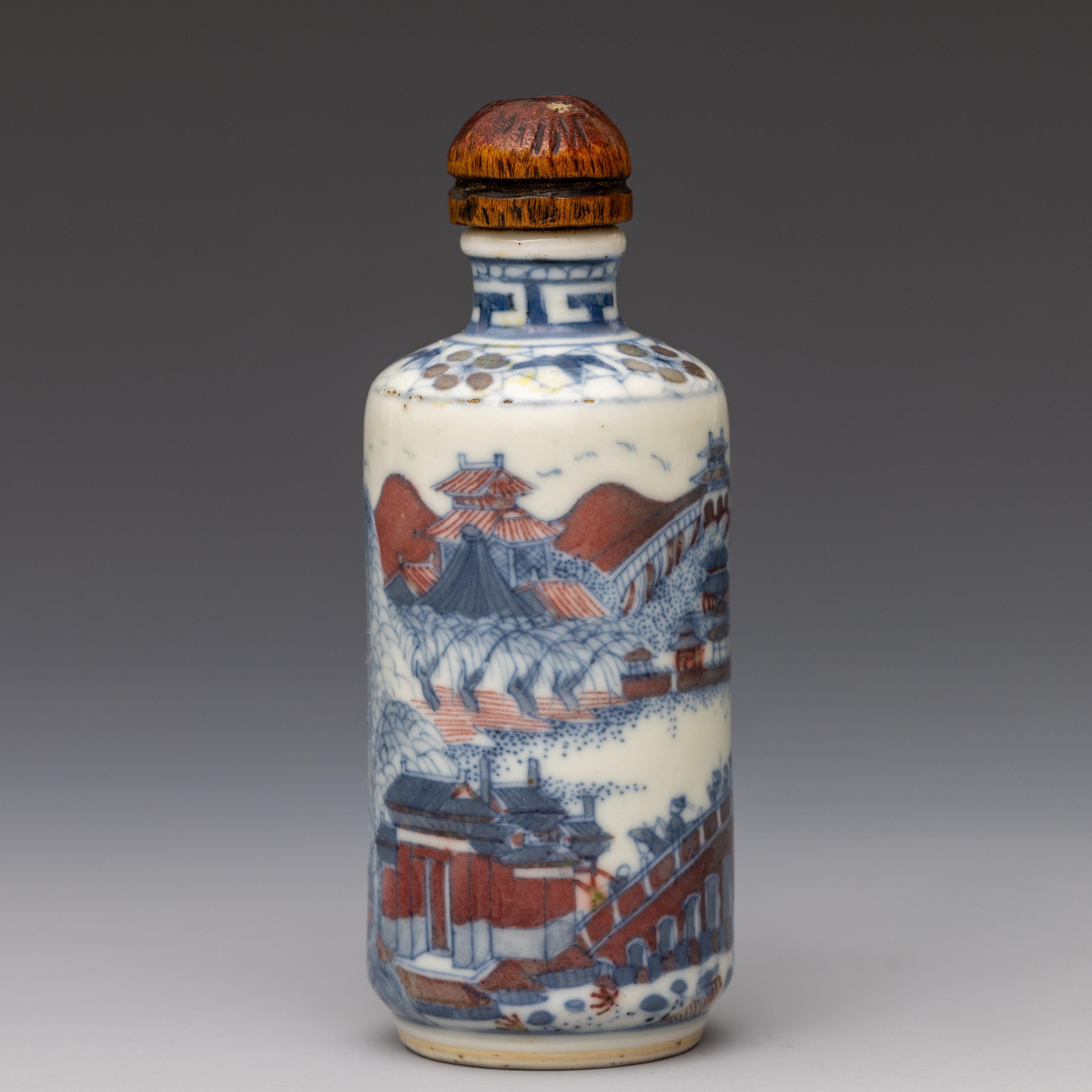 China, a blue and white and iron-red porcelain 'pagoda' snuff bottle and stopper, 19th century, - Image 3 of 3