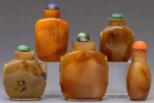 China, five hardstone snuff bottles and covers,