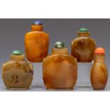 China, five hardstone snuff bottles and covers,