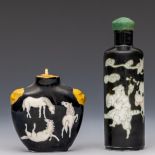 China, two black-ground porcelain snuff bottles and one stopper, late Qing dynasty (1644-1912),