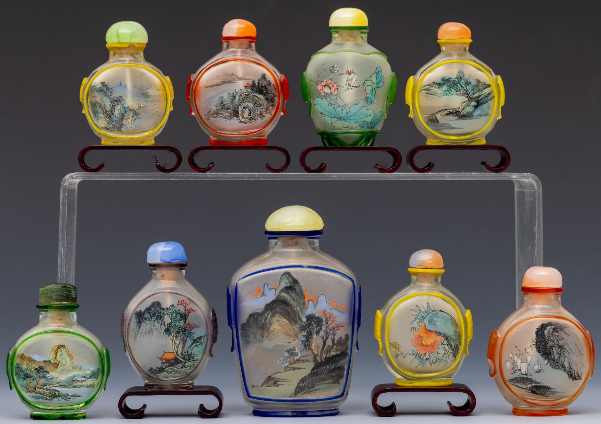 China, collection of reverse glass painted snuff bottles and stoppers, 20th century, - Bild 2 aus 2