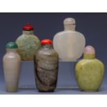 China, five hardstone and soapstone snuff bottles and stoppers,