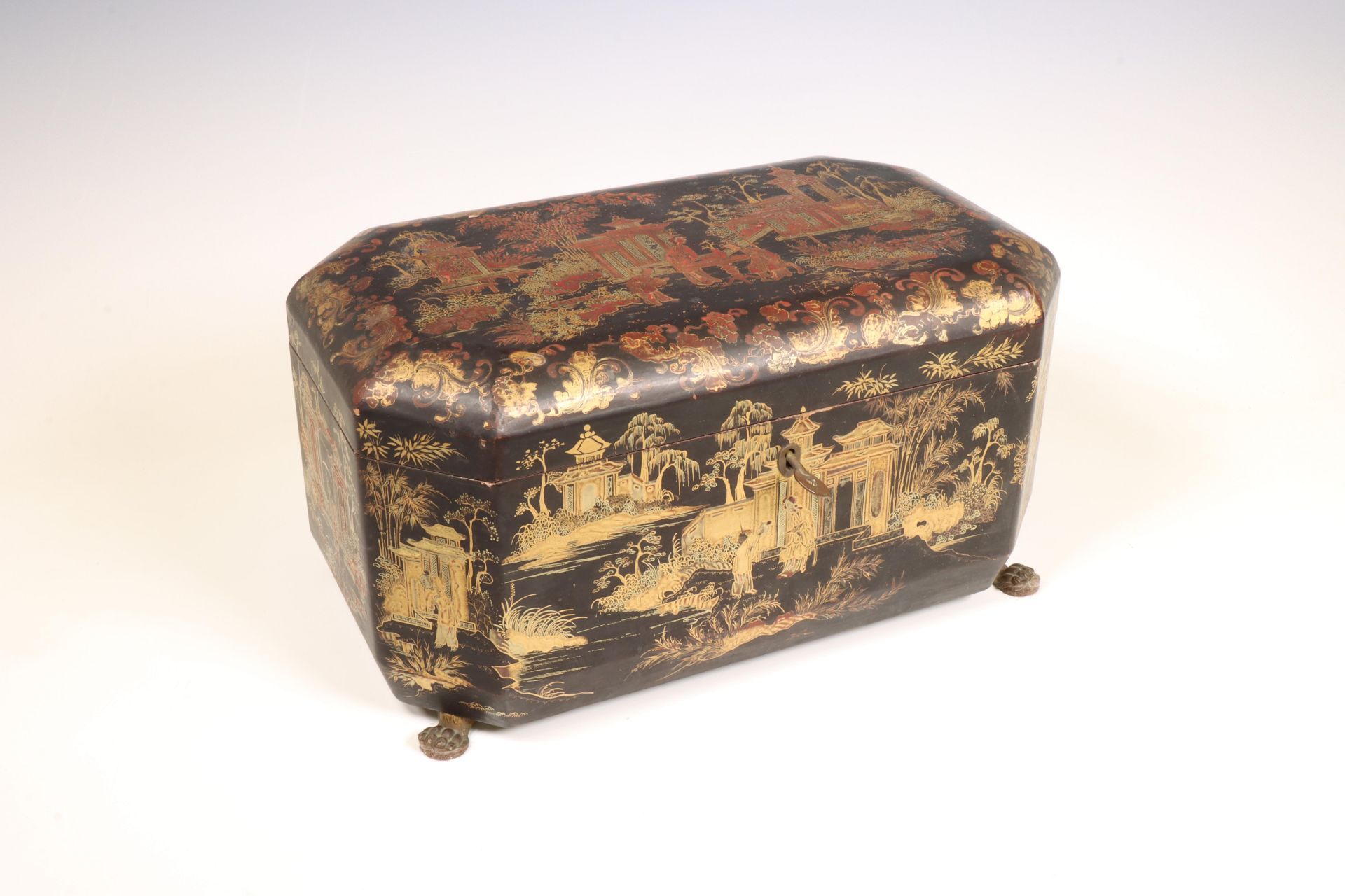 China, an export lacquer teabox lined with pewter caddies, 19th century,