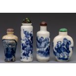 China, four blue and white porcelain figural snuff bottles and stoppers, 19th-20th century,
