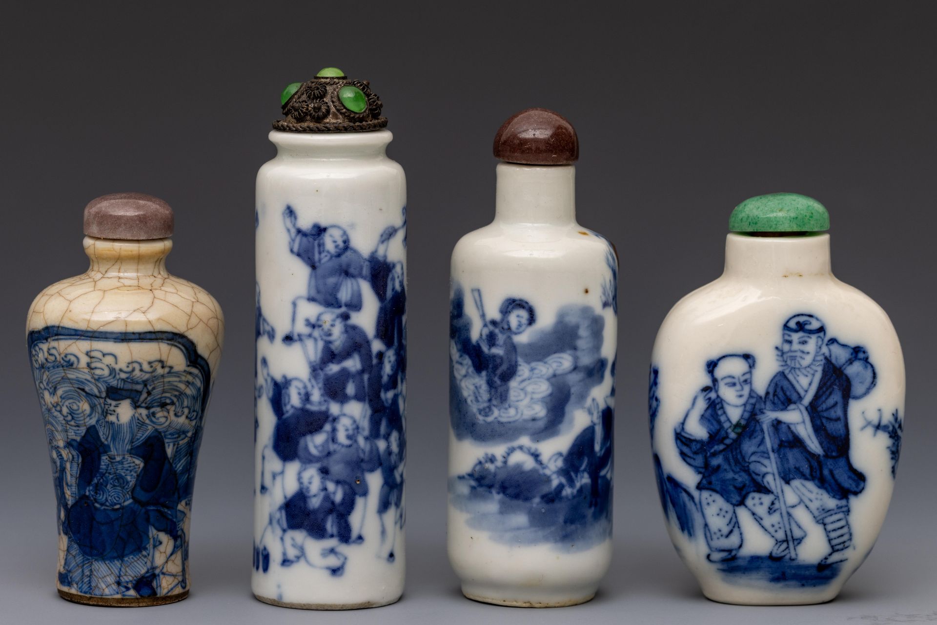 China, four blue and white porcelain figural snuff bottles and stoppers, 19th-20th century,