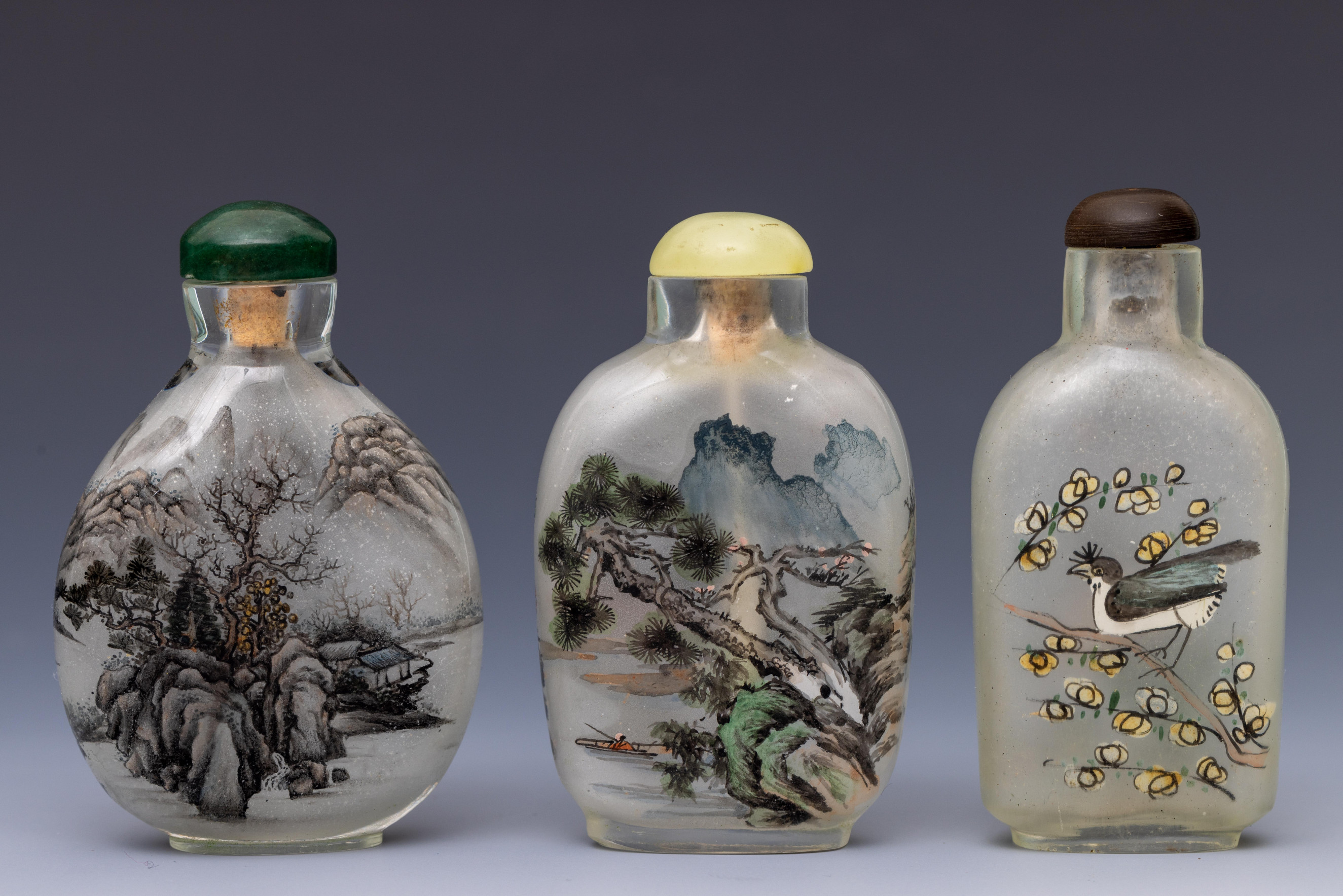 China, three reverse glass painted 'landscape' snuff bottles and stoppers, 20th century, - Image 2 of 2