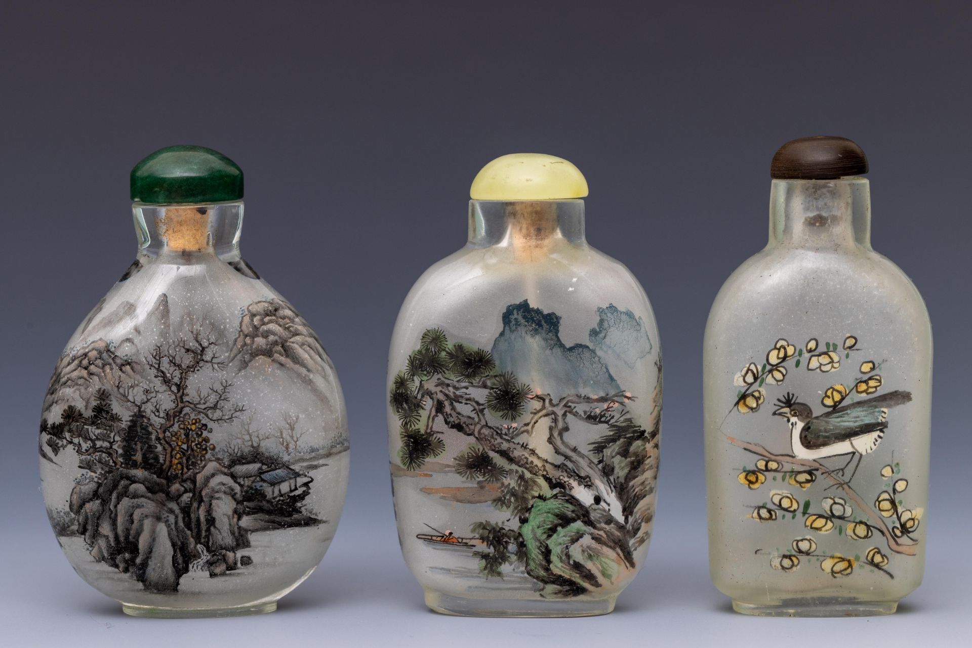 China, three reverse glass painted 'landscape' snuff bottles and stoppers, 20th century, - Image 2 of 2