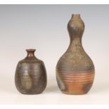 Japan, small Bizen ceramic tokkuri, signed and Bizen ceramic double-gourd vase, signed, both Showa p