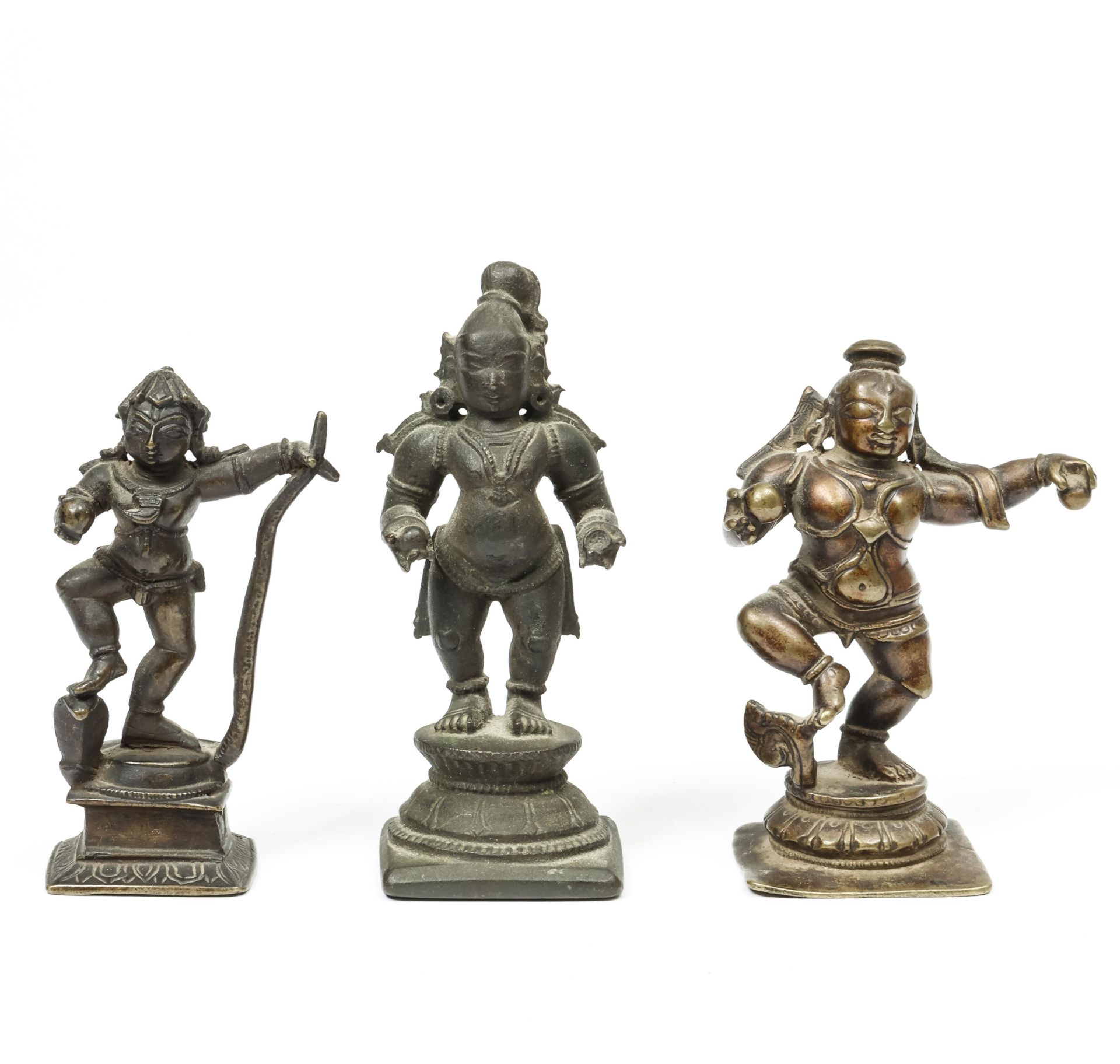 South-India, three bronze standing Krishna figures, 18th-19th century.