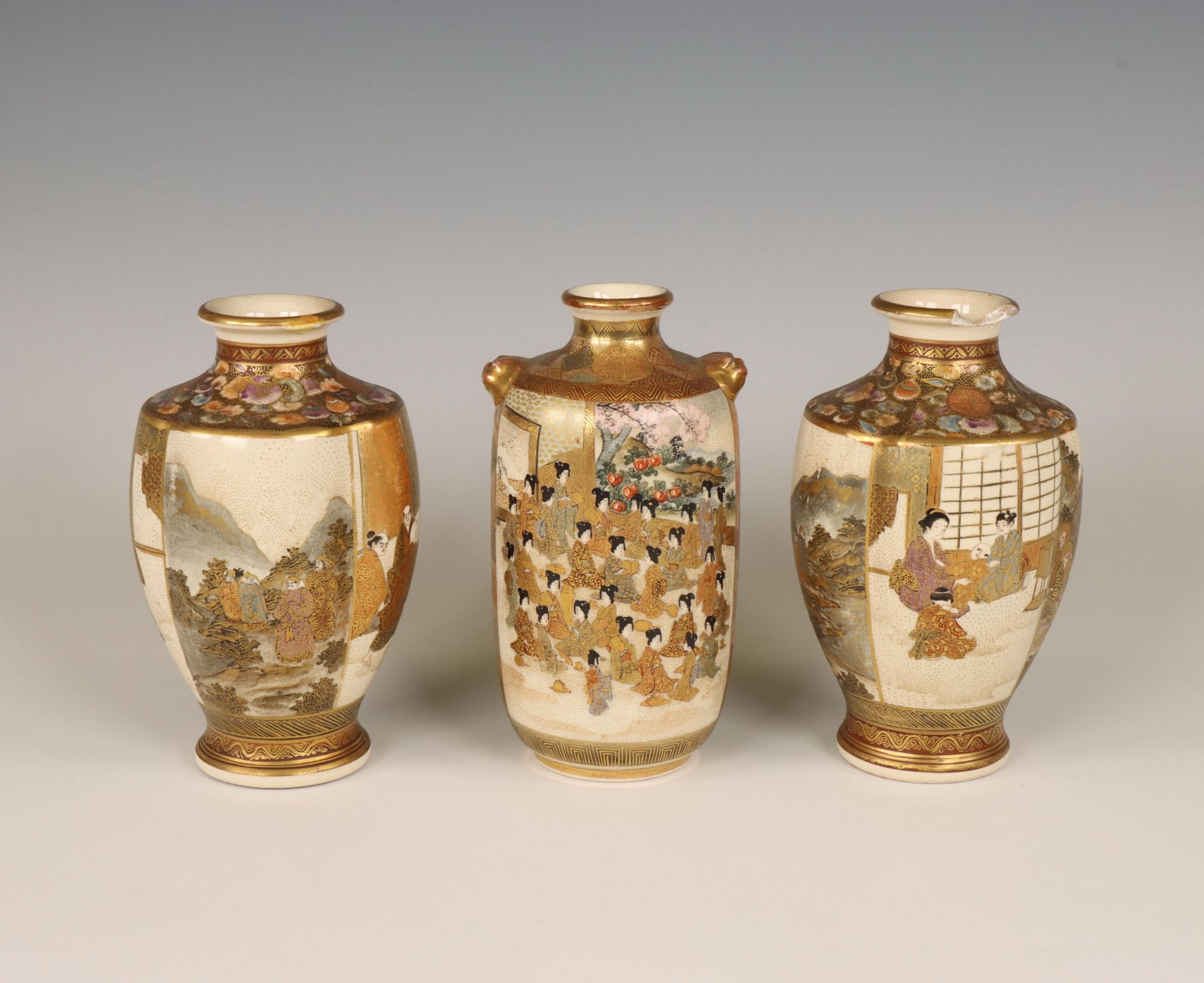 Japan, a pair and a single Satsuma porcelain vase, 19th century,