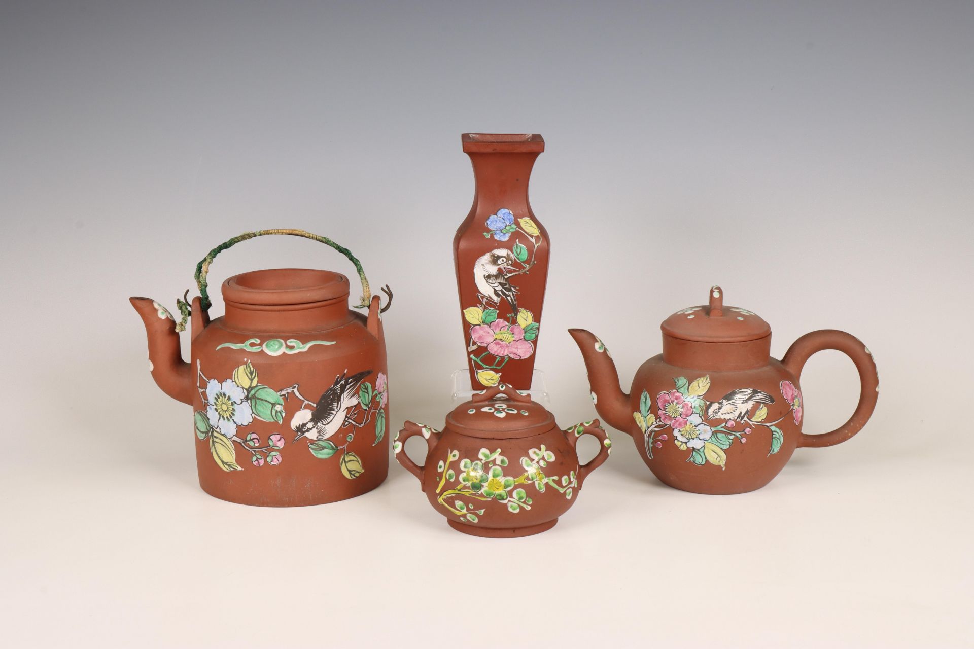 China, small collection familiar rose decorated Yixing porcelain, 20th century,