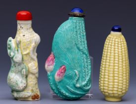 China, three moulded porcelain snuff bottles and stoppers, 19th/ 20th century,