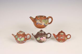 China, four small famille rose Yixing teapots and covers, 20th century,