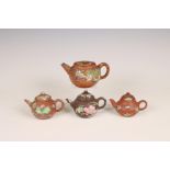 China, four small famille rose Yixing teapots and covers, 20th century,