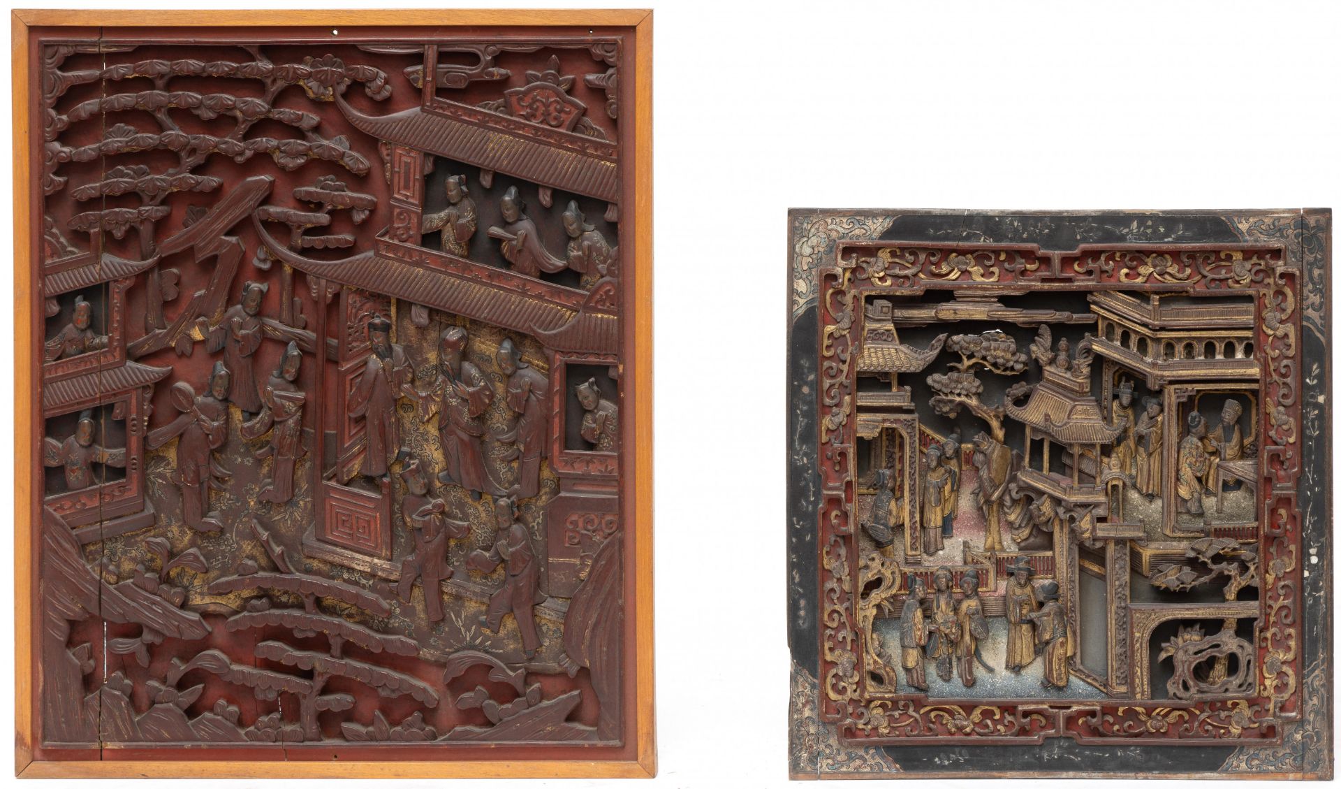 China, two carved wooden panels, 19th century,