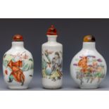 China, three polychrome decorated porcelain figural snuff bottles and stoppers, late Qing dynasty (1