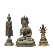 Thailand, a bronze figure of Buddha Muchalinda and a standing figure of Buddha and Sino-Tibet, a sea