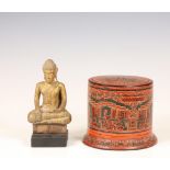 Myanmar, a lacquer box fitted with two dishes and a wood figure of Buddha, ca. 19th century,
