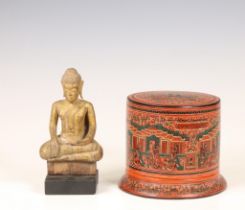 Myanmar, a lacquer box fitted with two dishes and a wood figure of Buddha, ca. 19th century,