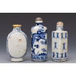 China, three blue and white porcelain snuff bottles and two stoppers, 20th century,