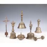 India, four temple bells, a rattle and a pigment container, ca. 1900 or later.