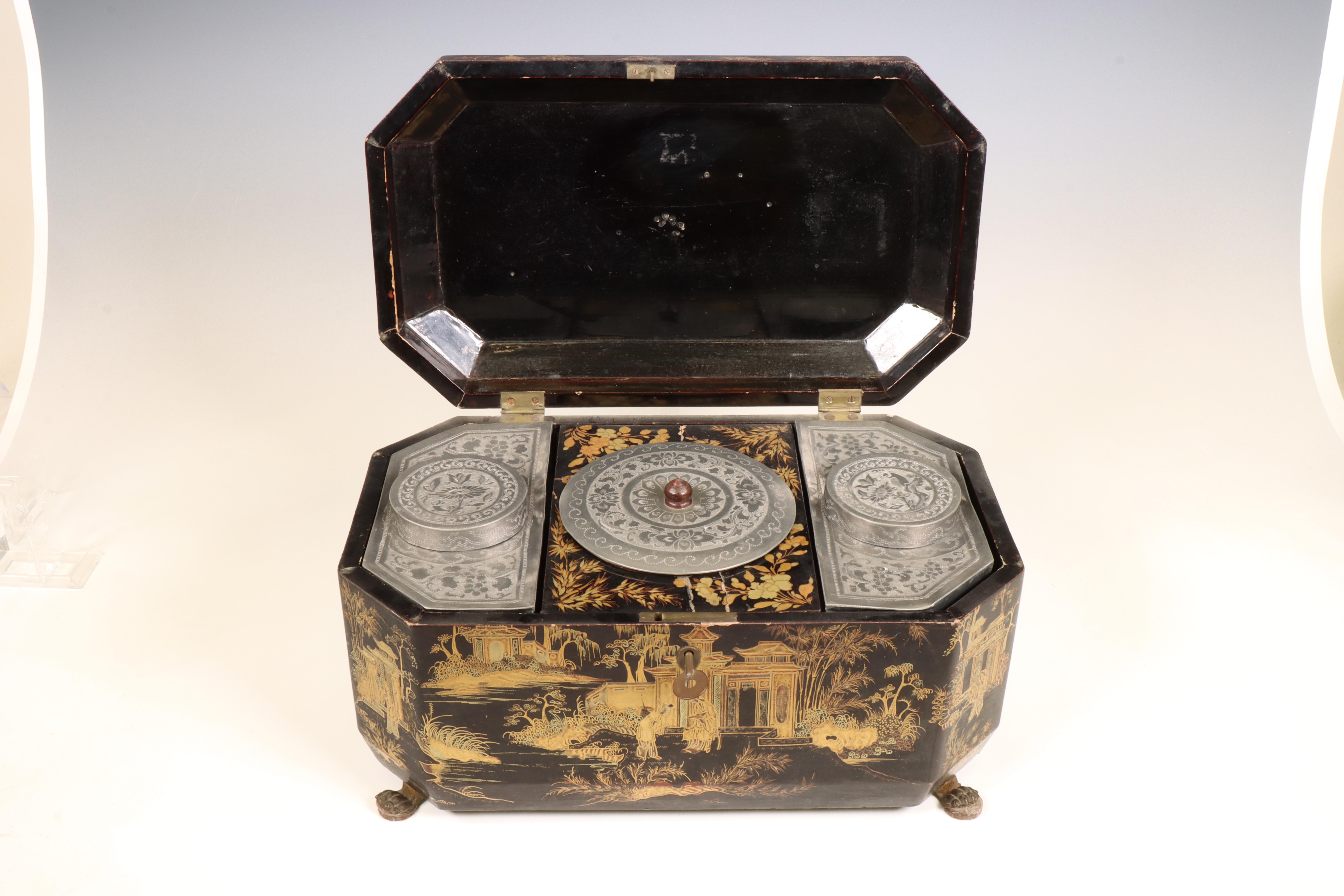 China, an export lacquer teabox lined with pewter caddies, 19th century, - Image 6 of 6