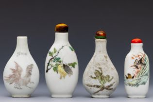 China, four polychrome decorated porcelain 'fauna' snuff bottles and three stoppers, late Qing dynas