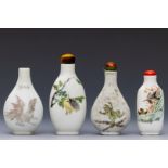 China, four polychrome decorated porcelain 'fauna' snuff bottles and three stoppers, late Qing dynas