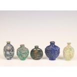 China, five various snuff bottles,