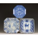 Japan, three blue and white porcelain dishes, Meiji period (1868-1912),
