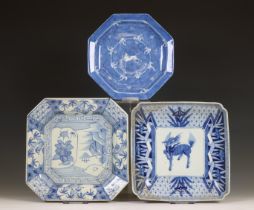 Japan, three blue and white porcelain dishes, Meiji period (1868-1912),