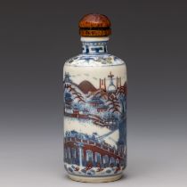 China, a blue and white and iron-red porcelain 'pagoda' snuff bottle and stopper, 19th century,