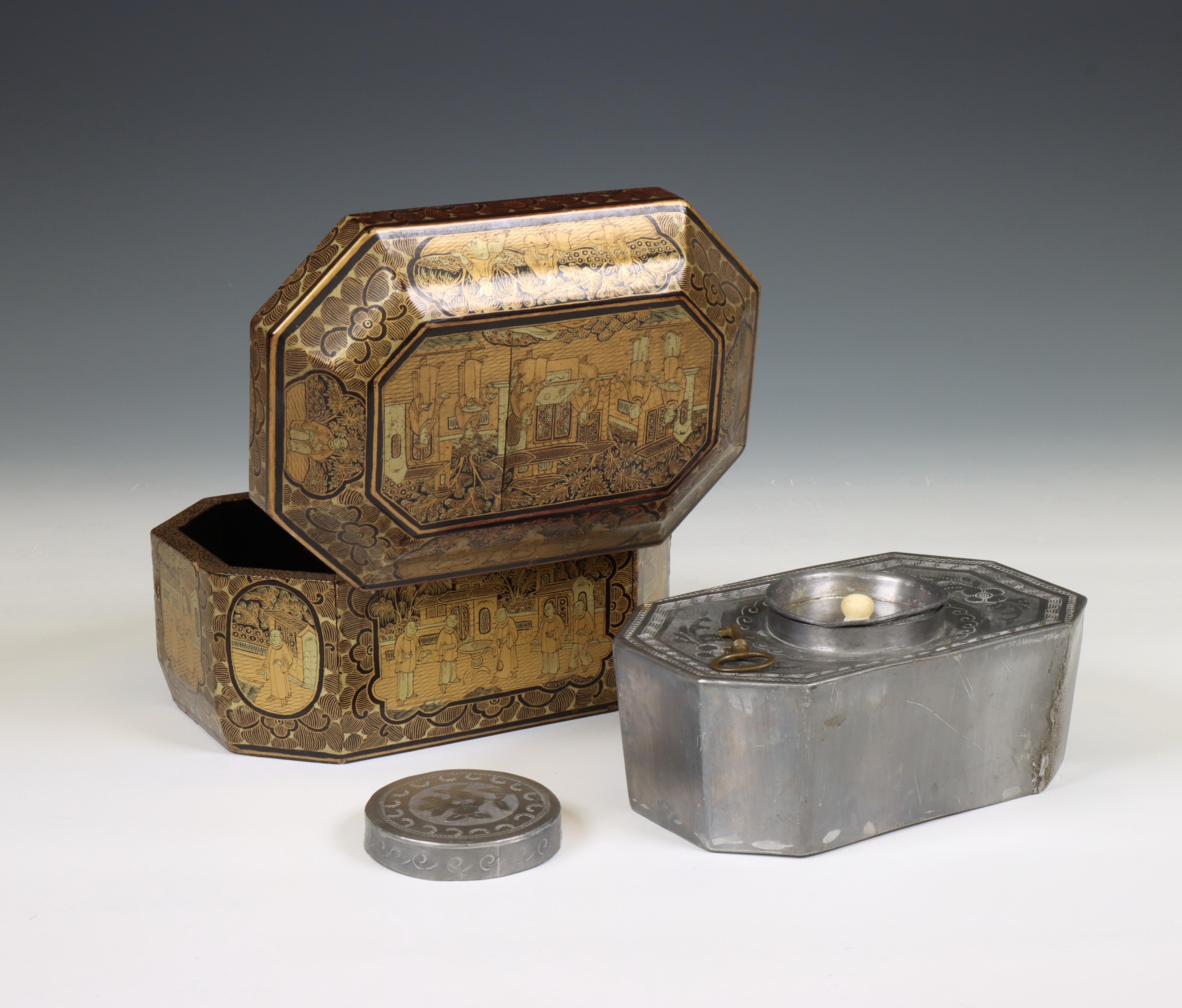 China, an export pewter tea-caddy in lacquer box, 19th century, - Image 2 of 2