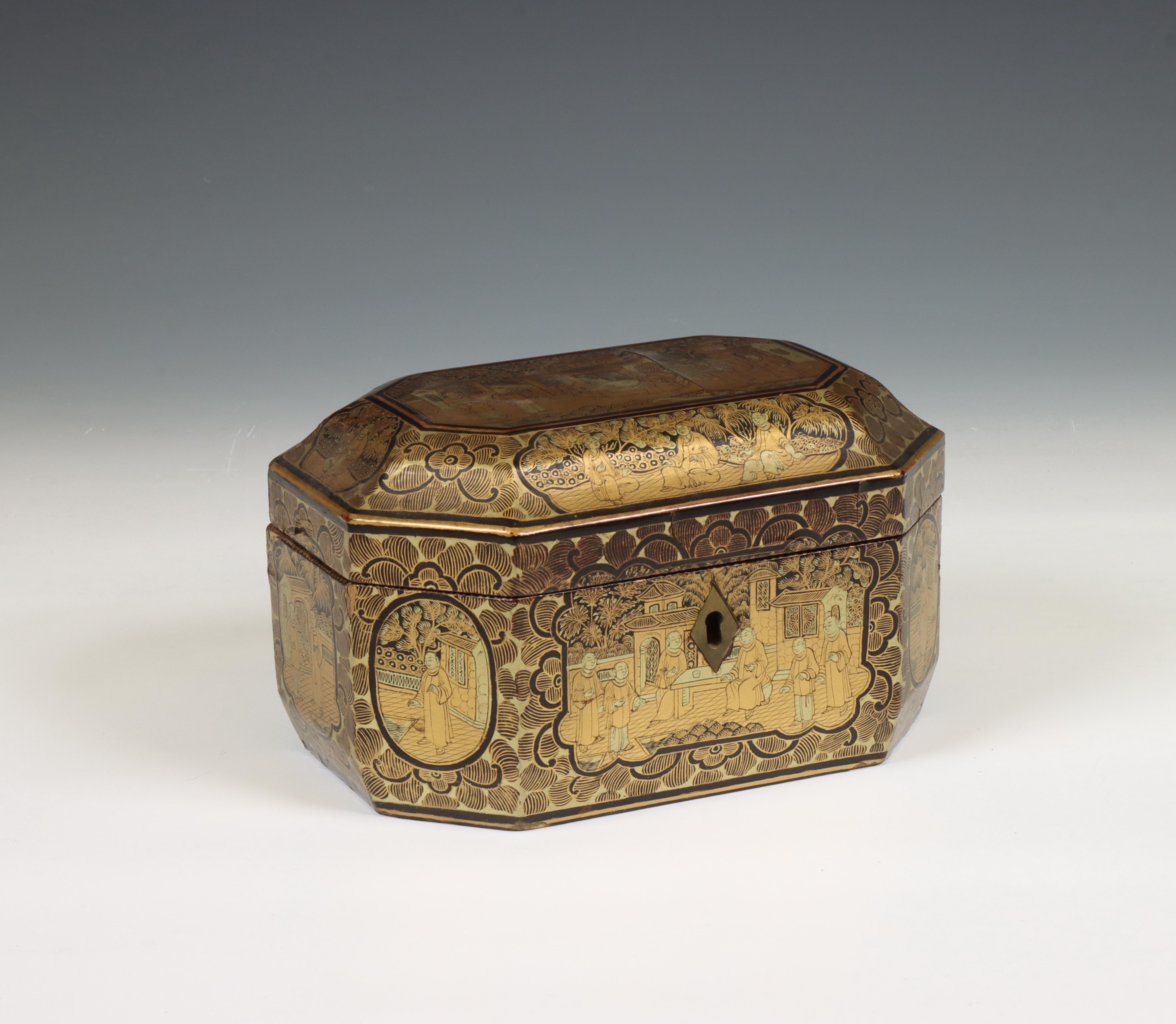 China, an export pewter tea-caddy in lacquer box, 19th century,