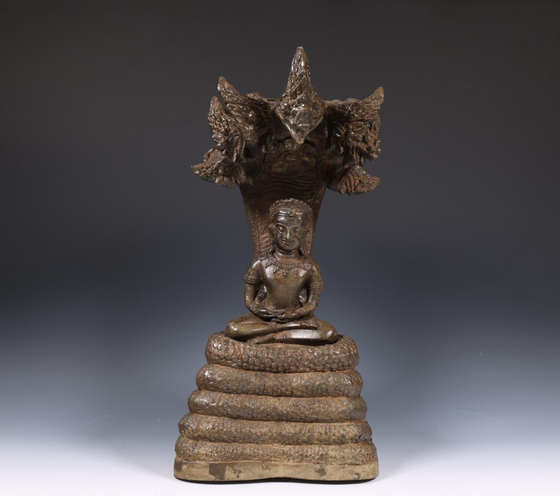 Cambodia, Khmer, bronze figure of Buddha Muchalinda, 19th century,