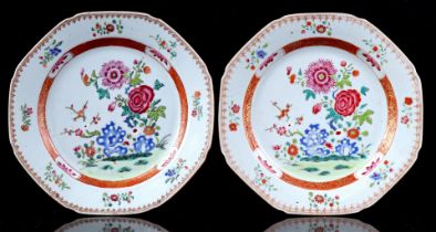 2 octagonal porcelain Famille Rose dishes , Qianlong