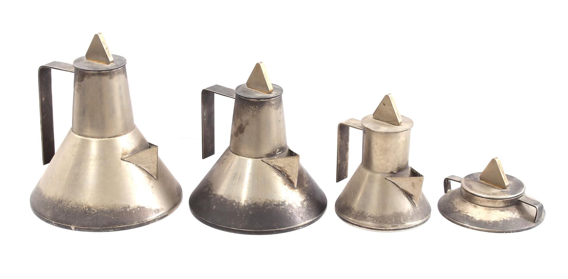 Art Deco 3 metal jugs and lidded pot