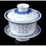 Porcelain lidded bowl on saucer, China 20th