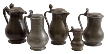 5 pewter lid jugs