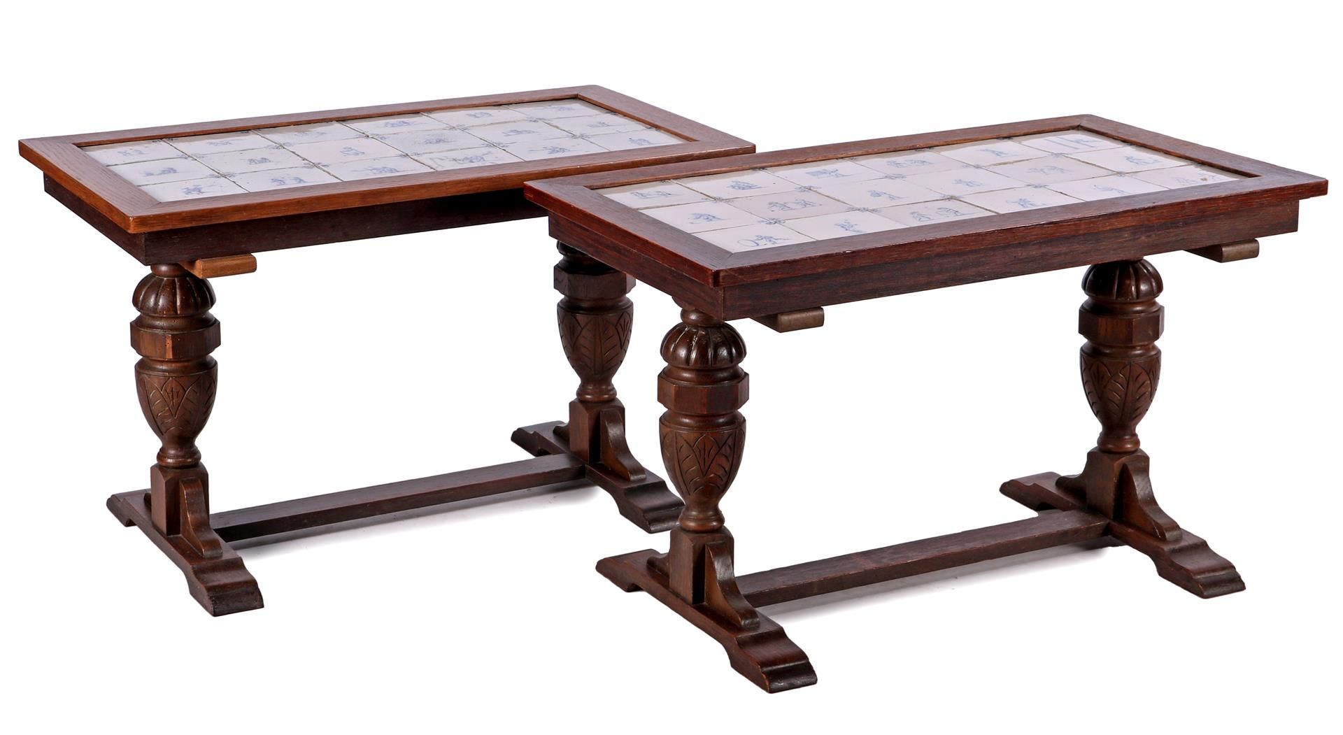 2 oak monastery tables with inlaid earthenware tiles