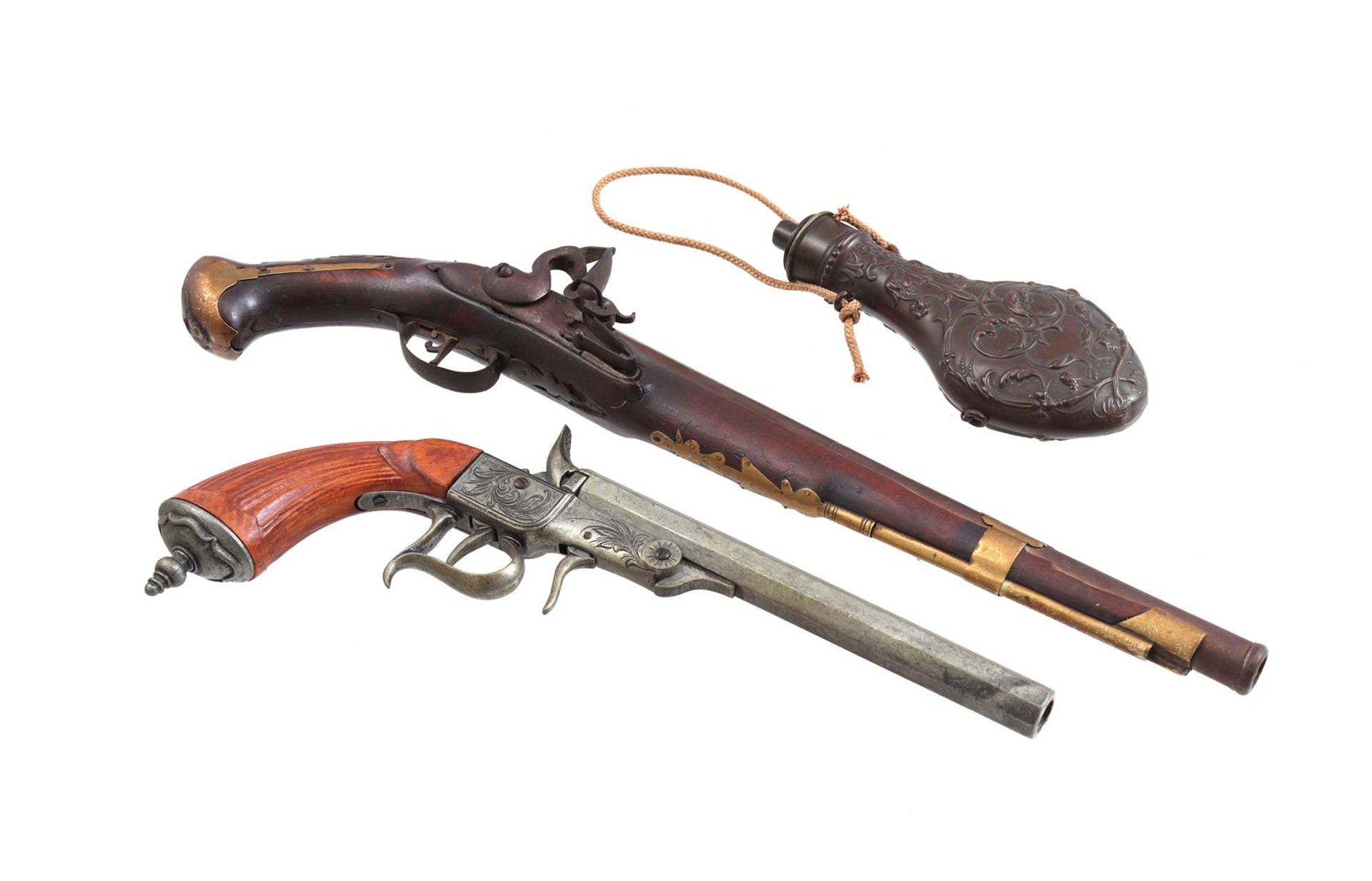 2 replica pistols and powder horn