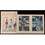 2 Chinese woodblock prints and aquarel