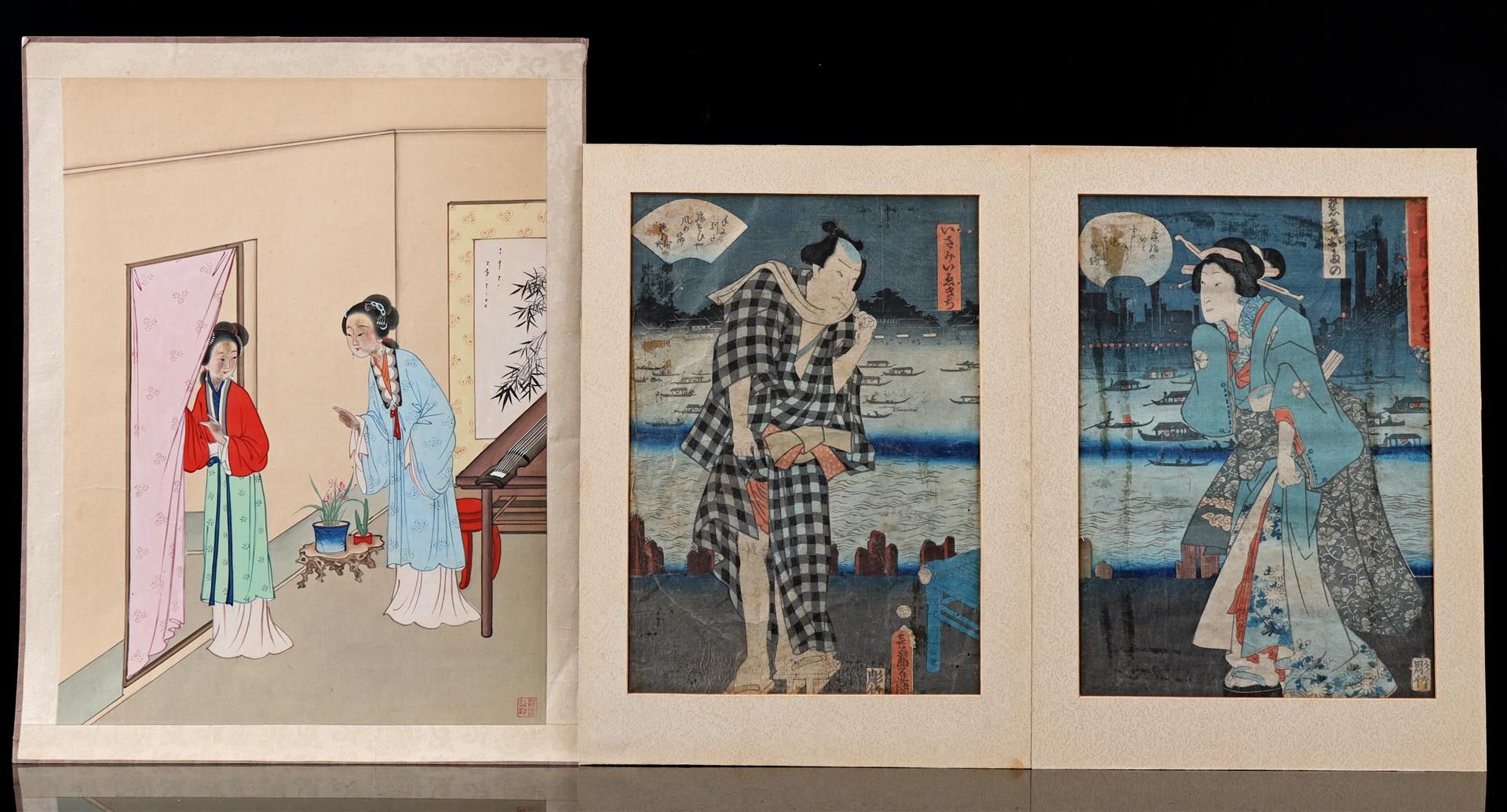 2 Chinese woodblock prints and aquarel
