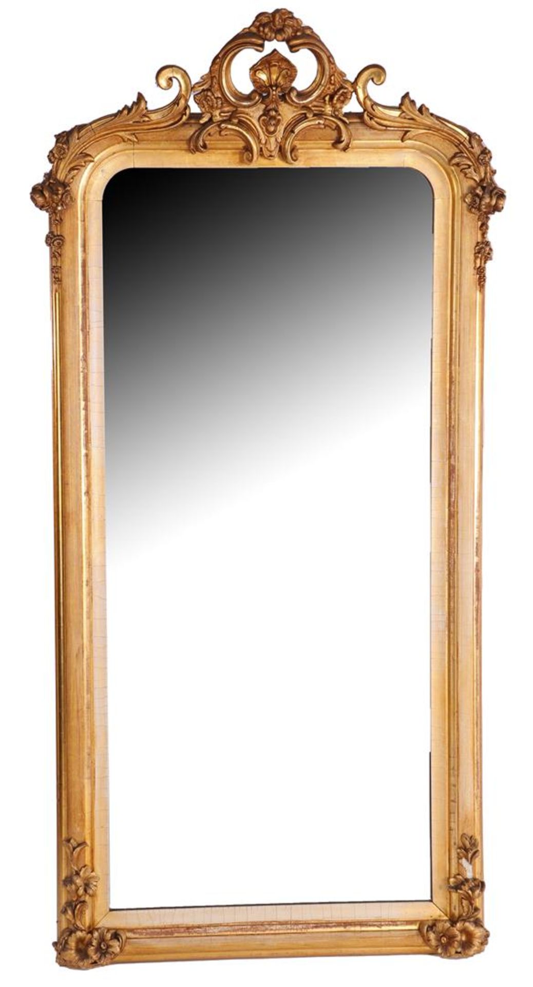Mirror in gold-colored, richly carved wooden with plaster frame