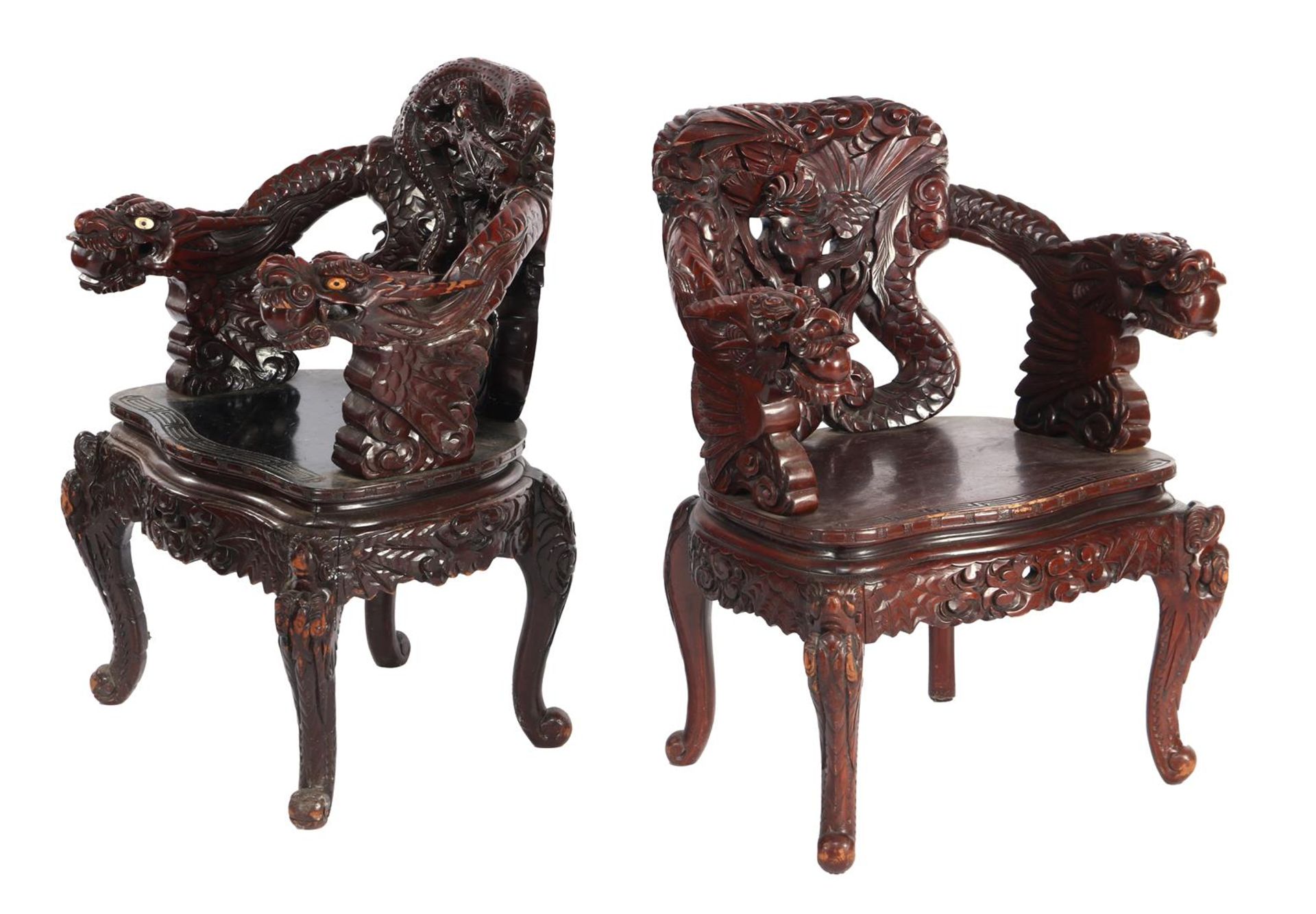 2 richly decorated rosewood armchairs
