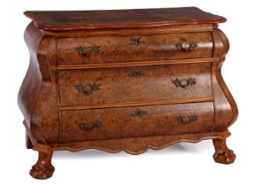 Burr walnut on oak 3-drawer double-curved chest of drawers